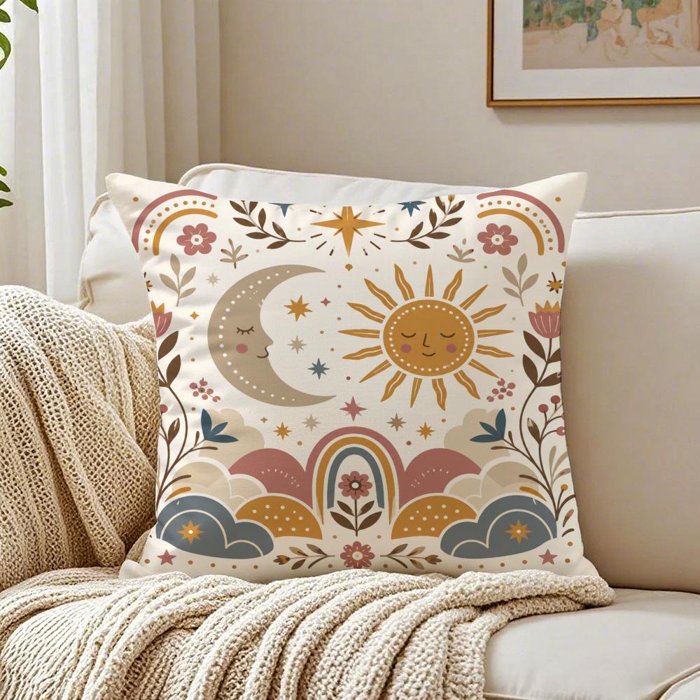 Boho Folk Art Sun Mountain Cushion Cover Breathable Short Plush Cushion Covers Machine Washable WrinkleResistant Soft Durable