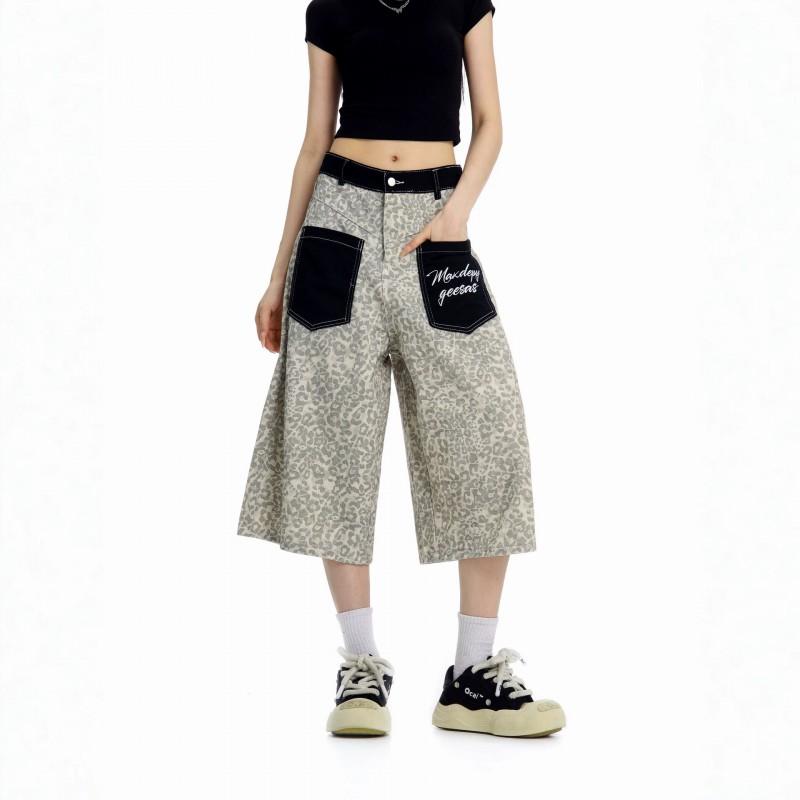 Womens High Waist Wide Leg Jeans Retro Leopard Print Street Style Casual Pants