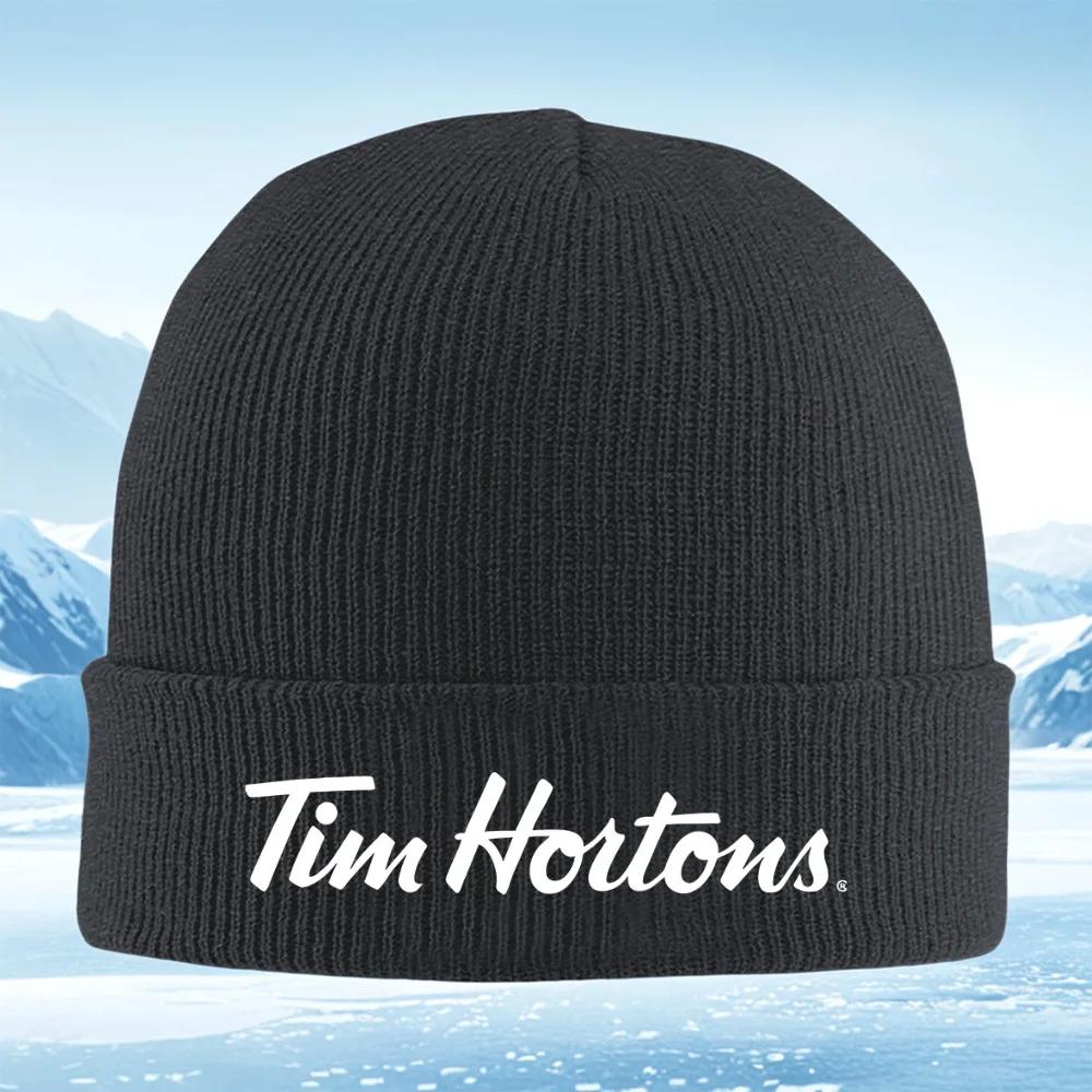 2026 Tim Hortons white logo calligraphy Men Women Unisex Knitted Hat Beanie Pullover Cap Winter Thermal Warm Christmas Outdoor C