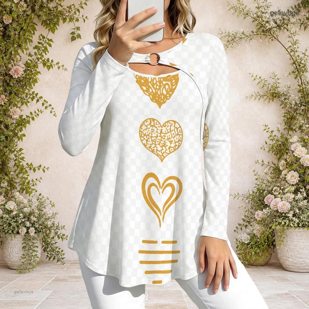 Women Plus Size Long Sleeve Casual Blouse Metal Ring Neckline Stylish Comfortable Daily Wear Top