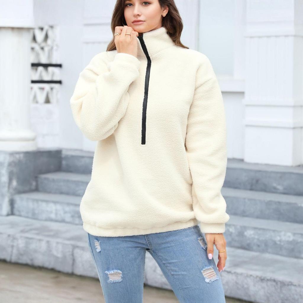 Women's Fashion Casual Versatile Loose Plush Top Half Zipper Pullover Long Sleeve Sweatshirt Sweatshirt