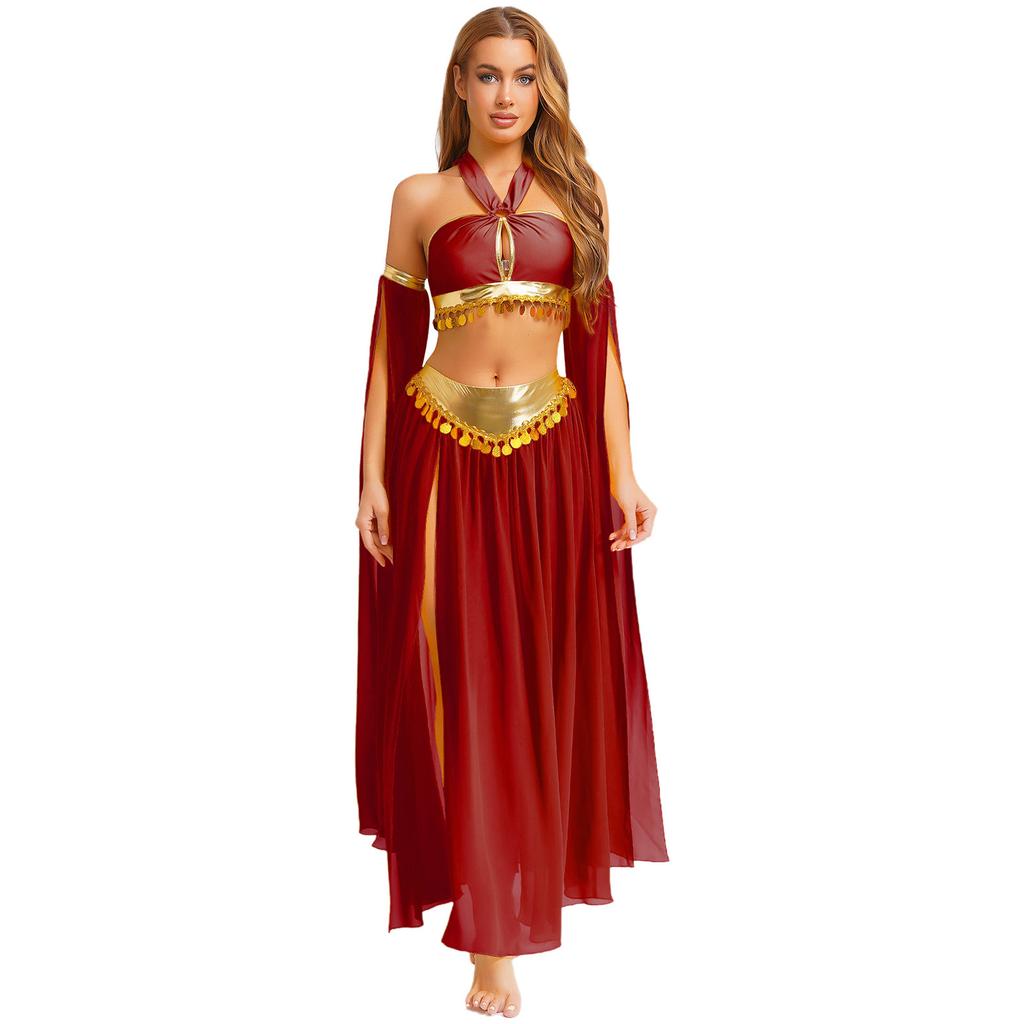 Women's Belly Dance Costume Set: Self-Tie Halter Crop Top with Built-In Briefs & Side Slit Chiffon Skirt + Removable Split Sleeves
