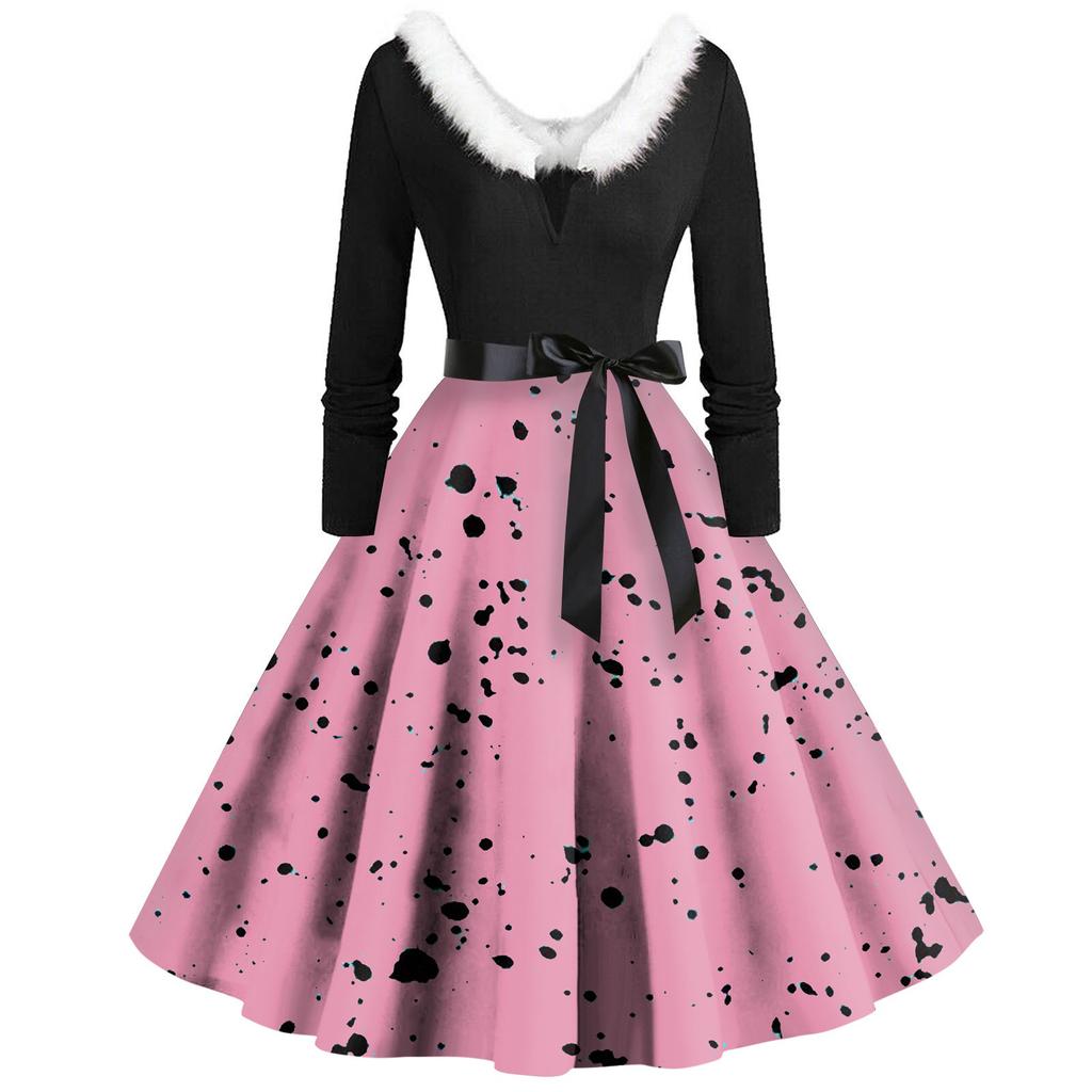 Женское повседневное и модное платье с длинными рукавами, V-образным вырезом и принтом в горошек, застегивающееся на молнию