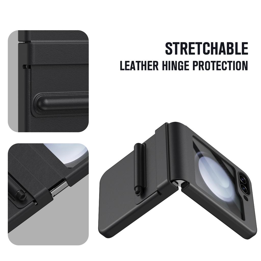 For Samsung Galaxy Z Flip7 FE 5G/Flip6 5G Hinge PU Leather PC Phone Cover with Stylus/Tempered Glass Film