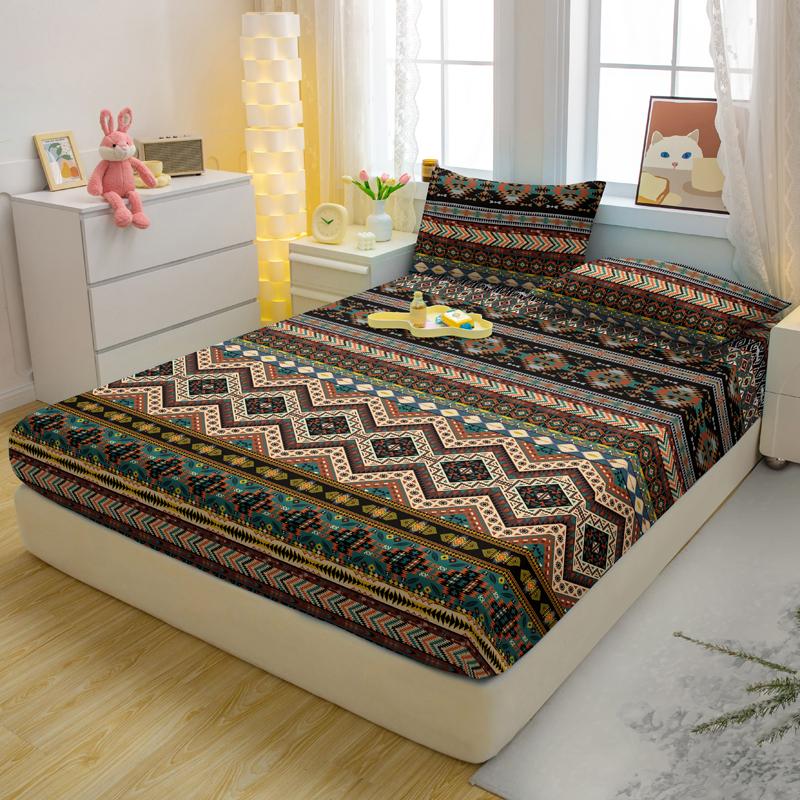 Simple 3-Piece Modern Bohemia Pattern Matte Three Piece Fitted Sheet Set, Bedroom Printed Bed Cover Set, Bedding