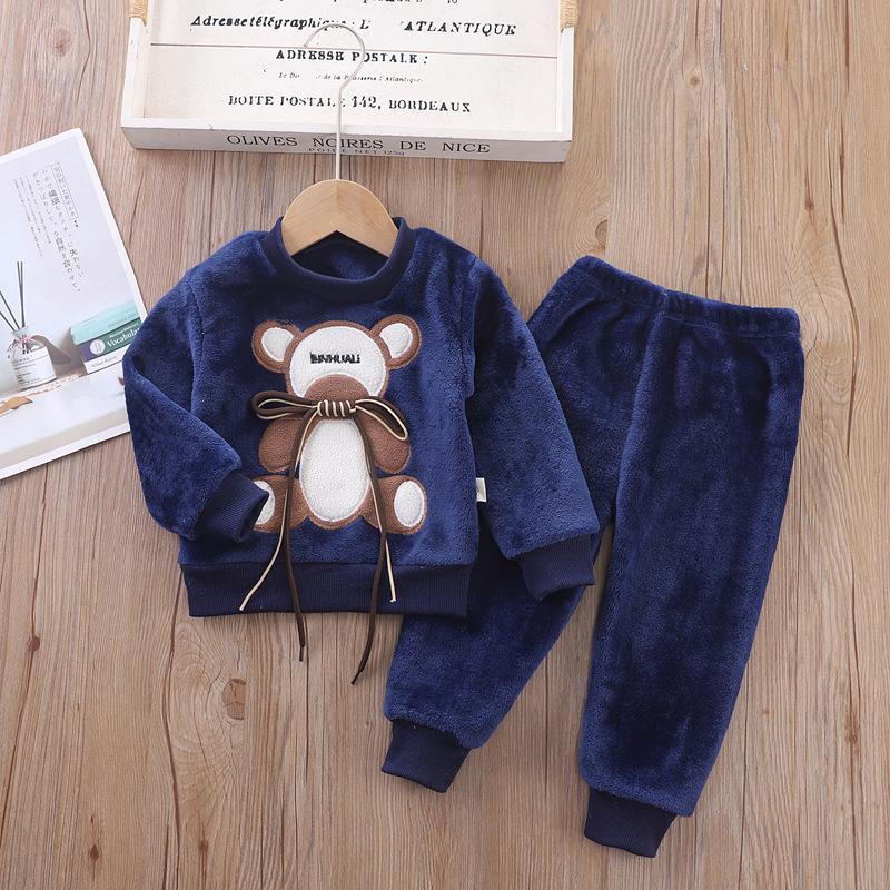 Children's Autumn and Winter Pajamas with Cartoon Bear Flannel Set of Home Clothes