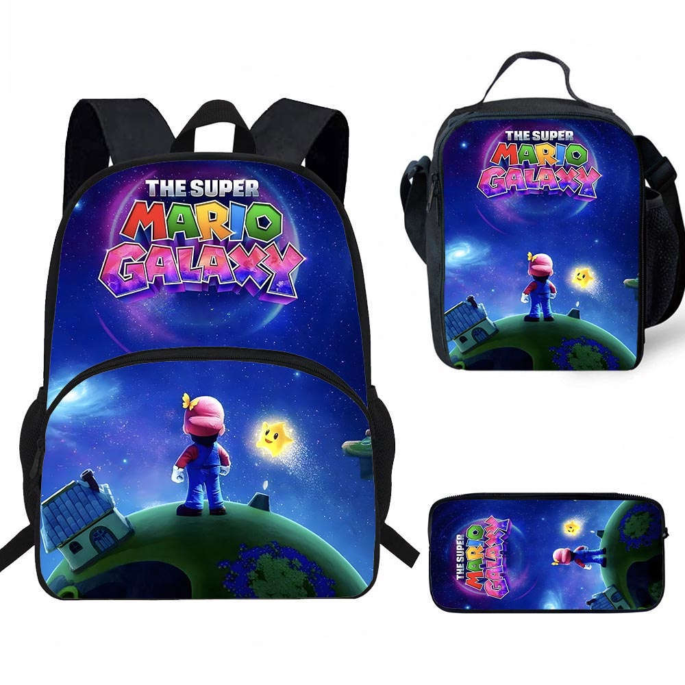Mario Cartoon Backpack, Lunch Bag, and Pencil Case—New Stationery Set, Suitable for Grades 3–6