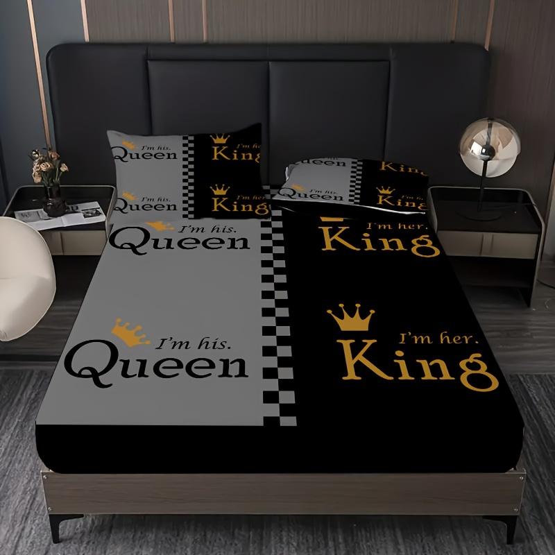 Комплект простыней на резинке с принтом Queen King Golden Crown Couple, 1 простыня на резинке + 2 наволочки, чехол для матраса, мягкий дышащий комплект постельного белья