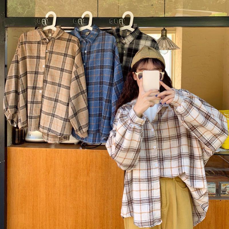 Рубашка в клетку в стиле ретро с длинными рукавами для женщин, осенняя, свободная, средней длины, кардиган, топ, блузки и рубашки