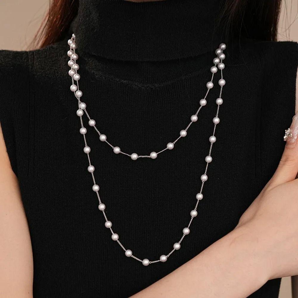 Fashion Long Pearl Necklace Simulated Pearl Collarbone Chain Elegant Sweater Chain Dress