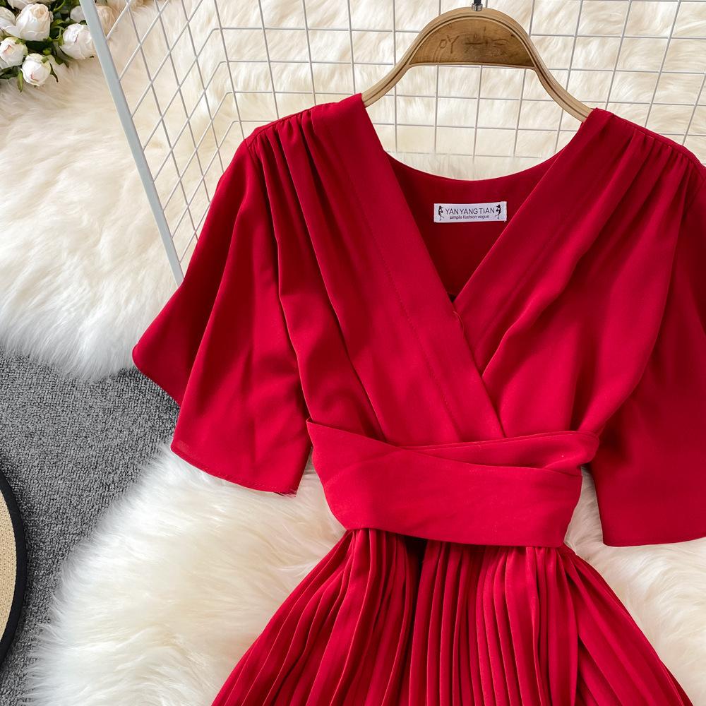 Женское элегантное плиссированное платье, летние винтажные платья с коротким рукавом и v-образным вырезом, женские трапециевидные платья миди с высокой талией