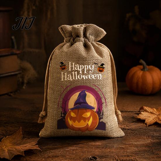 Lightweight Candy Carriers 2Pcs Halloween Pumpkin Drawstring Bags for Treats, Retro Burlap Kids Trick or Treat Bags, Portable Goodie Small Storage