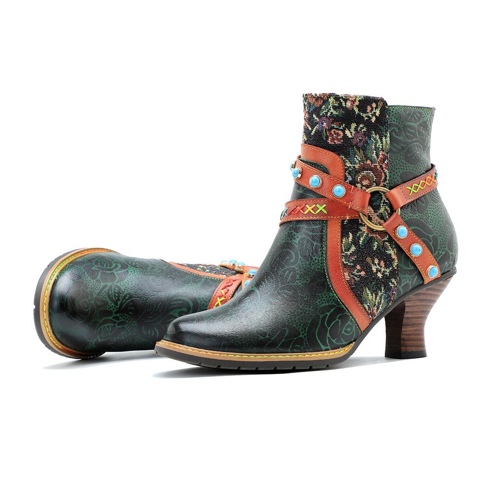 Johnature Сапоги из натуральной кожи. Модные женские туфли на высоком каблуке. Короткие сапоги в стиле ретро с заклепками в стиле пэчворк.