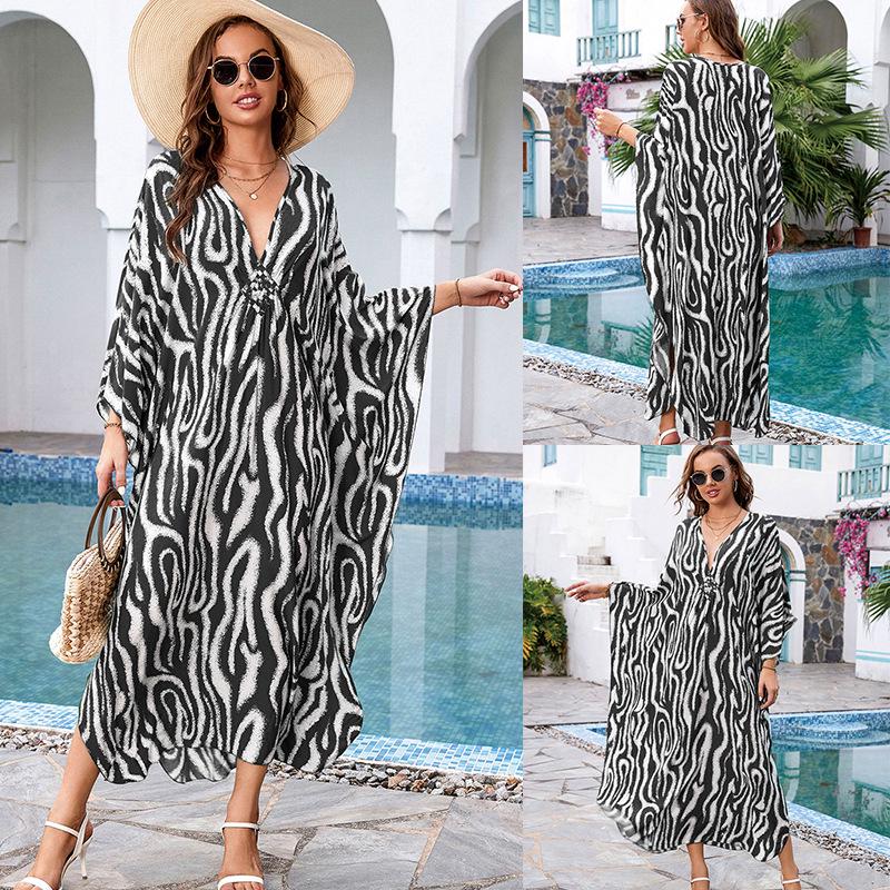 European & American Cotton Print Plus Size Loose Beach Dress Cover-Up for Women