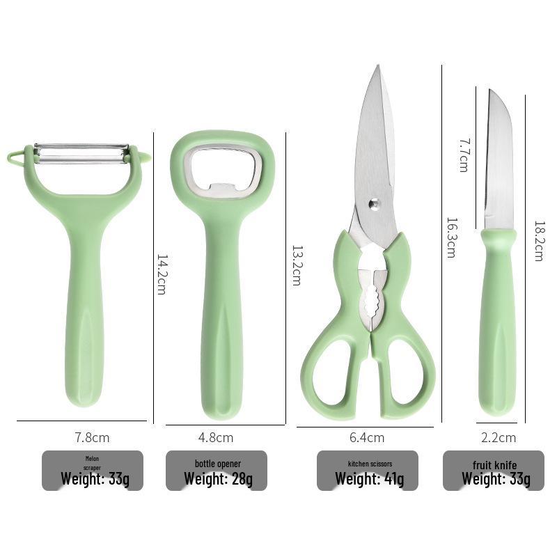 Four-Piece Kitchen Tool Set: Scissors, Can Opener, Grater, and Fruit Knife with Multi-functional Peeler and Melon Grater