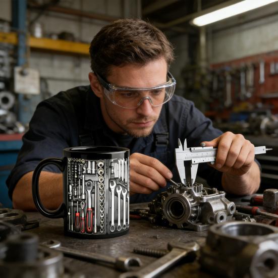 Керамическая кружка с ложкой в виде ящика для инструментов механика. Оригинальный подарок для папы, мужа и автолюбителя.