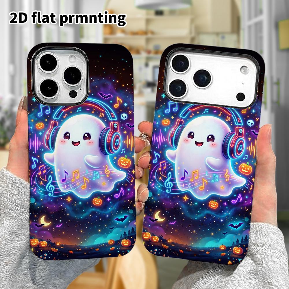 Phone Case: 2D flat, suitable for iPhone 18 17 16 15 14 13 12Pro protective case, neon little ghost, perfect Christmas and Halloween holiday gift
