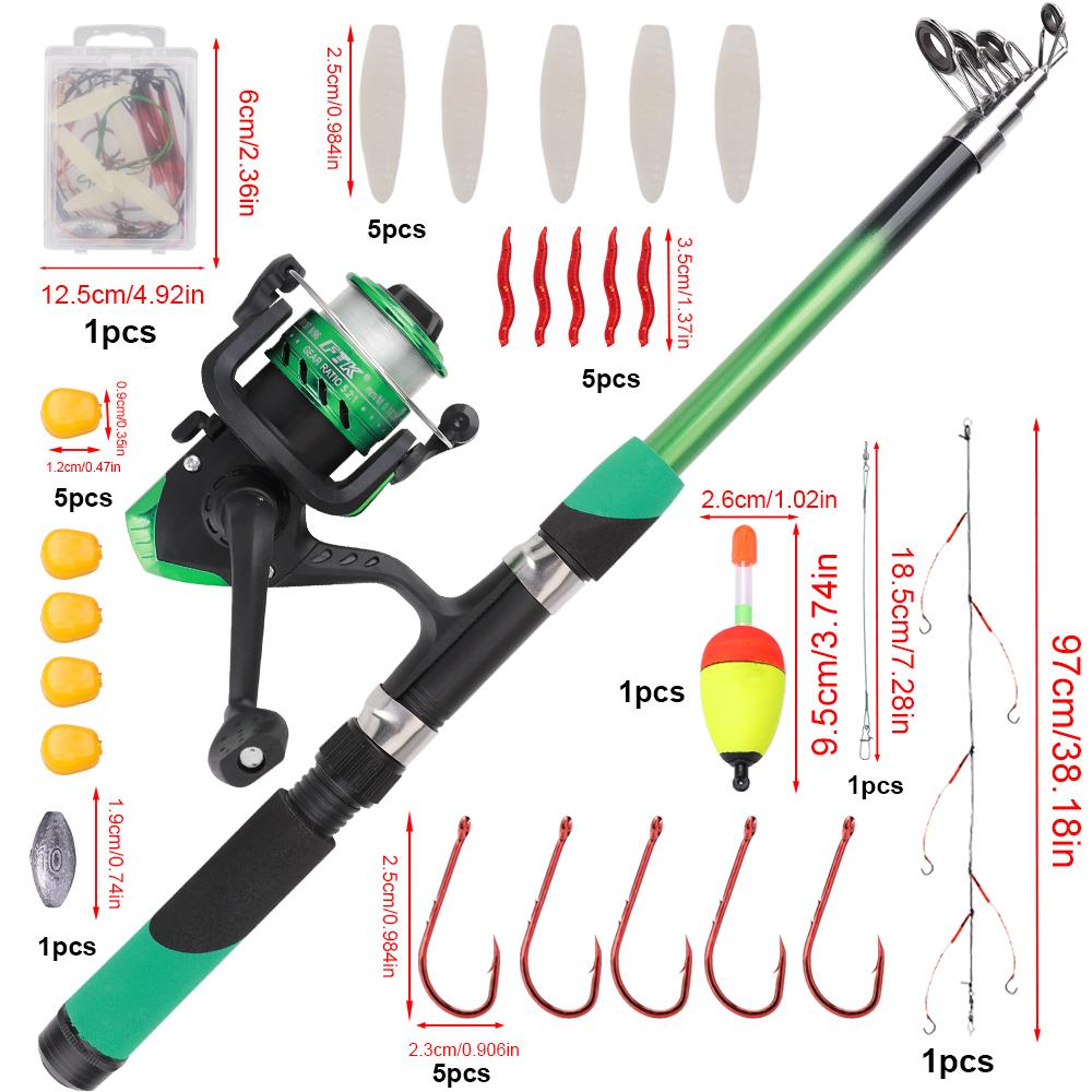 FTK Complete Fishing Kit: 1.8m/5.91ft Lightweight Fibreglass Spinning Rod and Reel Combo Cool Pack - for Fresh and Salt Water, Hooks