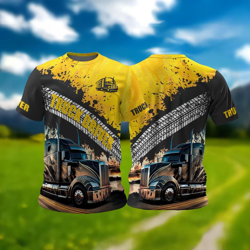 Casual Men's T-Shirt Summer Short Sleeve Tops Driver Truck Pattern Print O-Neck Pullover Oversized Male Clothing Outdoor Tees