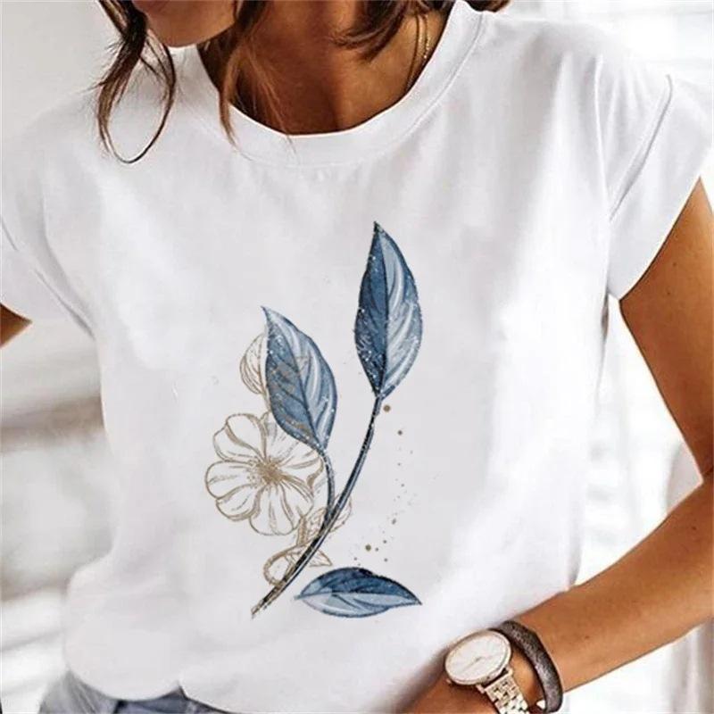 Женская футболка с цветочным принтом, круглым вырезом, большого размера, с коротким рукавом, женский топ