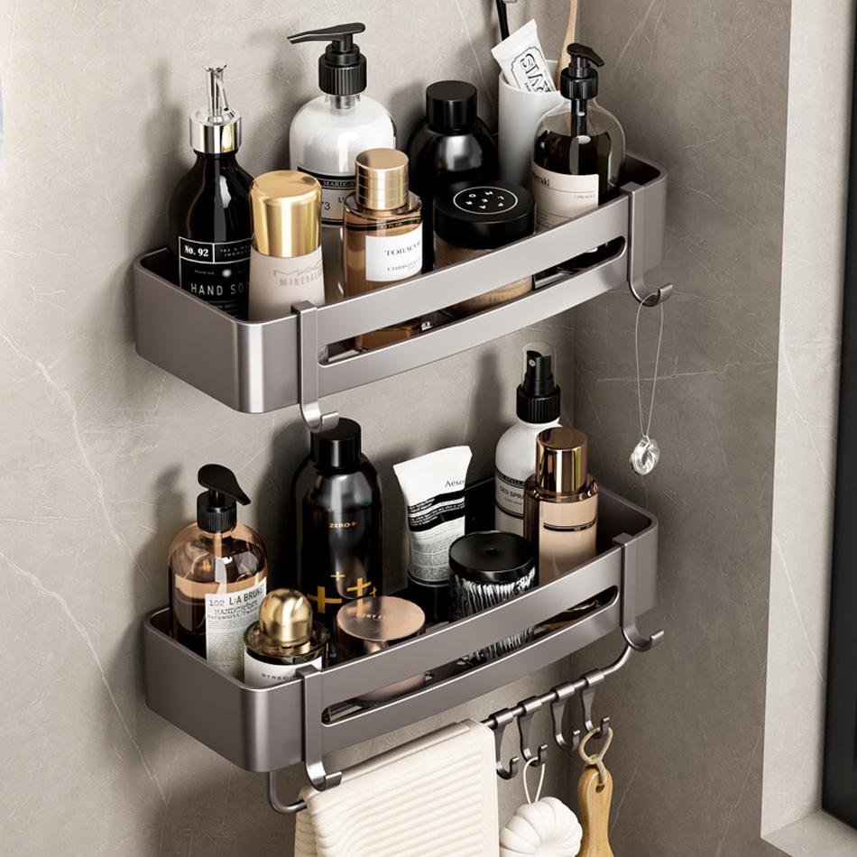 Прямоугольная полка для ванной комнаты, алюминиевая, серая, для туалета, кухни, для ванной, для хранения шампуня, мыла, треугольная полка с крючками, бесплатный гвоздь