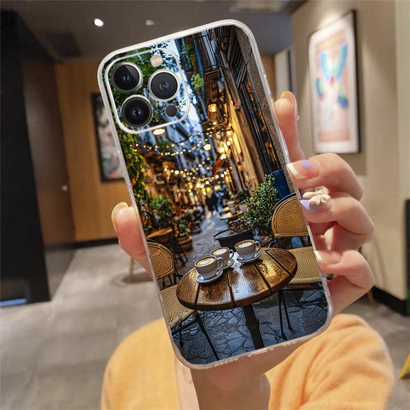 Чехол для телефона Carcasa Funda Для iPhone 17 Pro Max Air 16 15 14 13 Pro Max 15 16 Pro 15Plus Кофейня Ночь Эстетичный Чехол