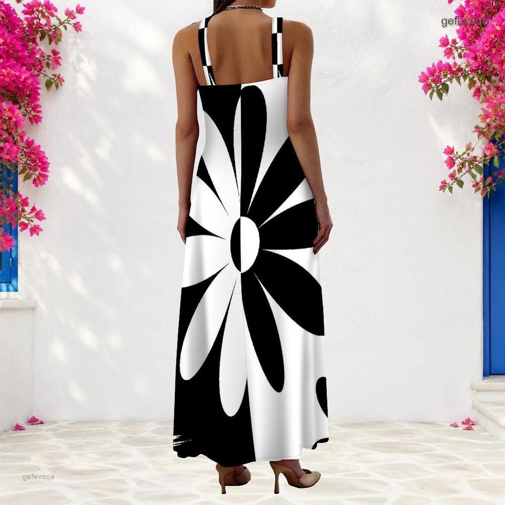 Women Plus Size Scoop Neck Strappy Sleeveless Black White Floral Printed A Line Long Dress
