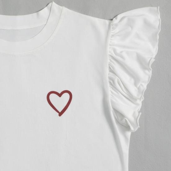 Women Ruffle Cap Sleeve Pajama Set Heart Print Top And Shorts Sleepwear Set Summer Casual Two-Piece Nightwear Lounge Set