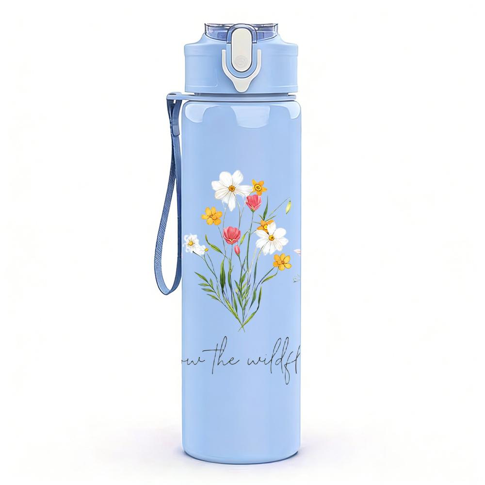 1PC Wildflower Soft Watercolor Graphic,750ml Color Plastic Sports Water Bottle,Leakproof Flip Straw Lid,Suitable for Sports Office Home Use
