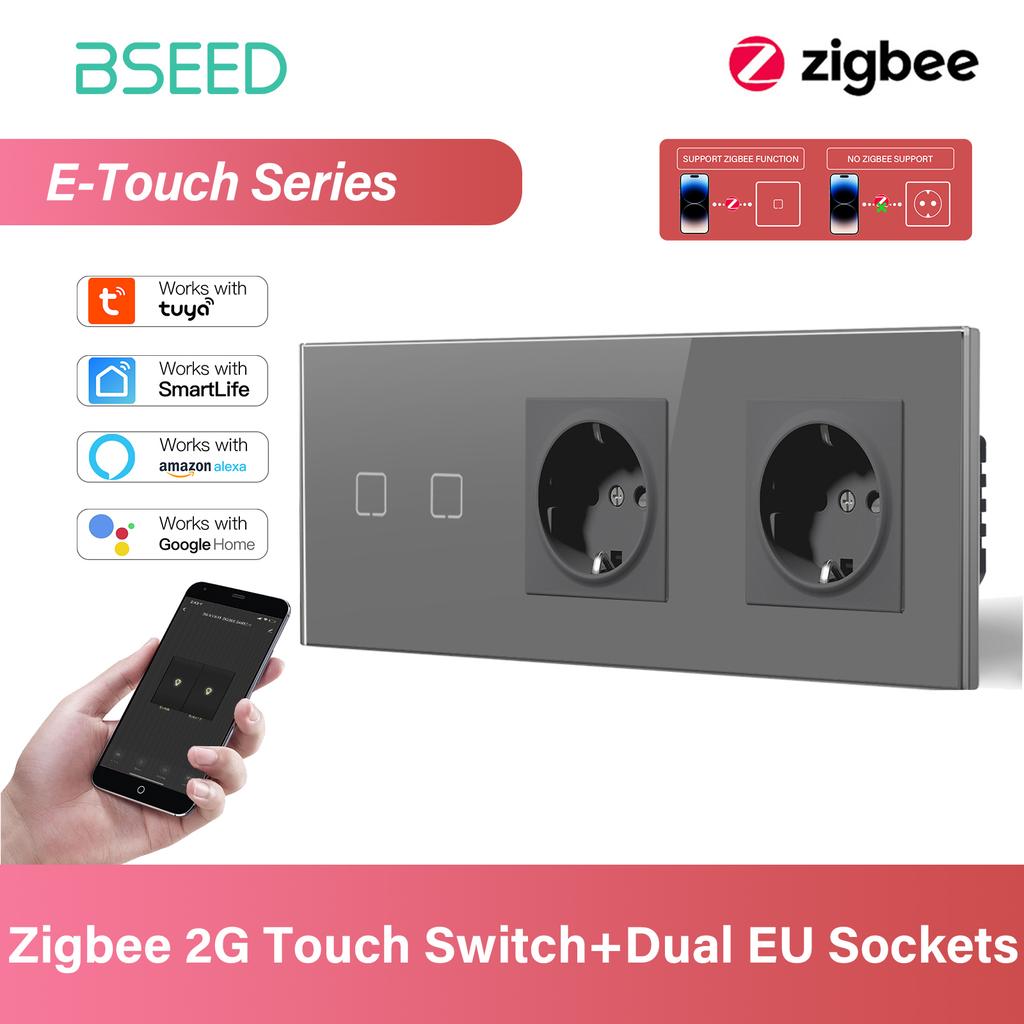 BSEED 1/2/3/4-клавишный сенсорный выключатель Zigbee, стекло с розетками EU, умный настенный выключатель света, сенсорный экран, подсветка, серия E