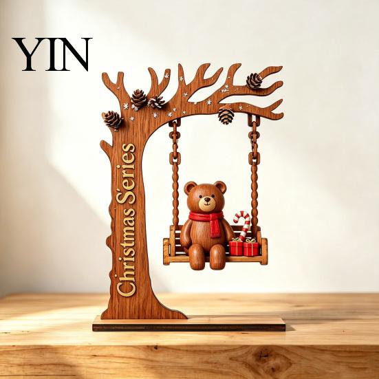 Rustic Christmas Home Accents Wooden Swing Ornament with Santa Claus/Bear for Christmas, Tabletop Artisanal Wood Decor Claus Figurine Living