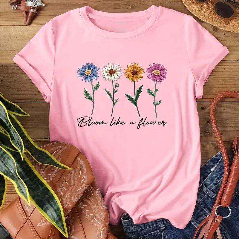 Women Summer T Shirt Print Fresh Little Flower Short Sleeve Tees Casual Printed Tops