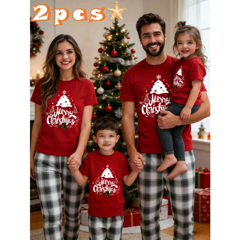 Family Matching Outfit, Comfortable Short Sleeve Tees & Classic Checkered Trousers for Spring Festival Home Wear & Outdoor Trips
