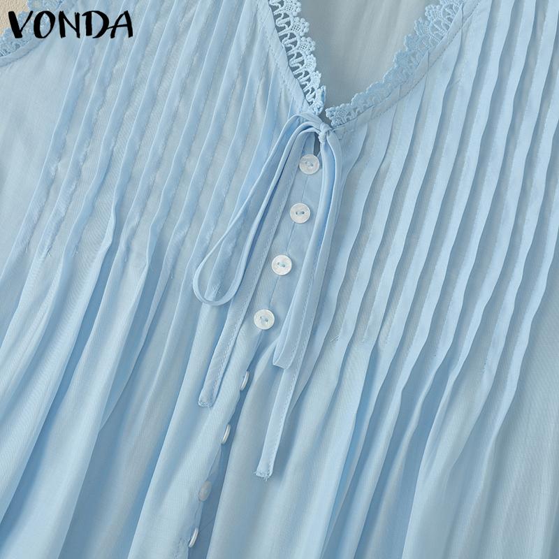 VONDA Women Summer V Neck Sleeveless Buttons Up Lace Crochet Hem Casual Tank Tops