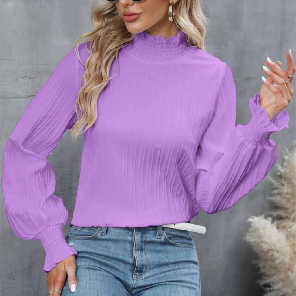 Women's Fashionable Round Neck Long Sleeved Solid Color Loose Shirt Top
