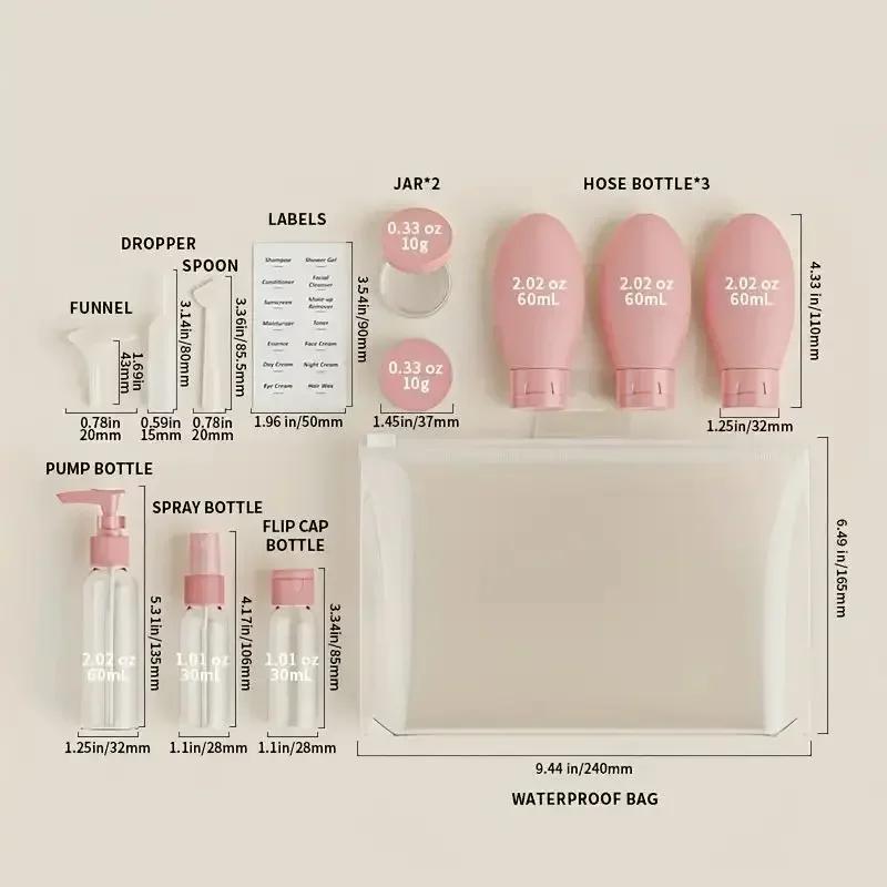 11 шт., набор дорожных бутылочек с сумкой для хранения, дорожный размер, пустые контейнеры для жидкого крема, лосьона, тонкий распылитель для распыления, тюбики для сдавливания