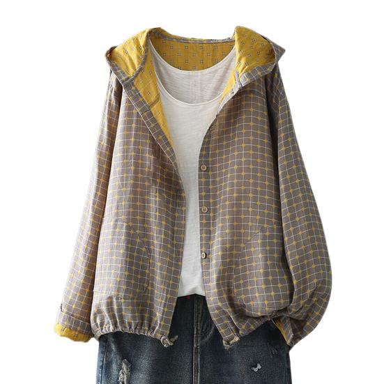 Women Spring Autumn Coat Hooded Drawstring Hem Long Sleeve Printing Loose Zipper Closure Jacket with Pockets Daily Wear Commuting Outerwear