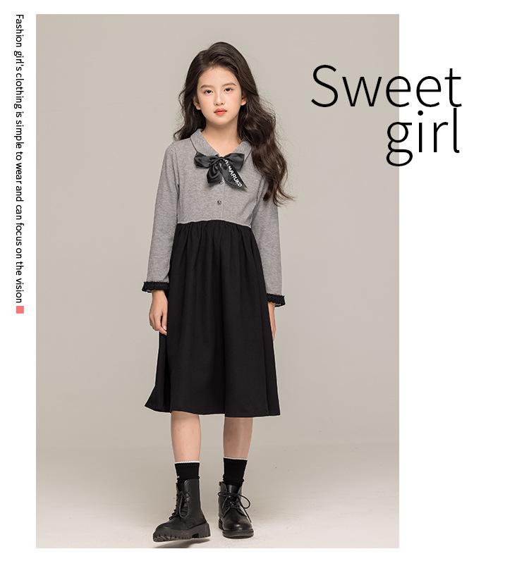 Осеннее платье для девочек в корейском стиле 2024 года с бантом и юбкой с воротником-рубашкой