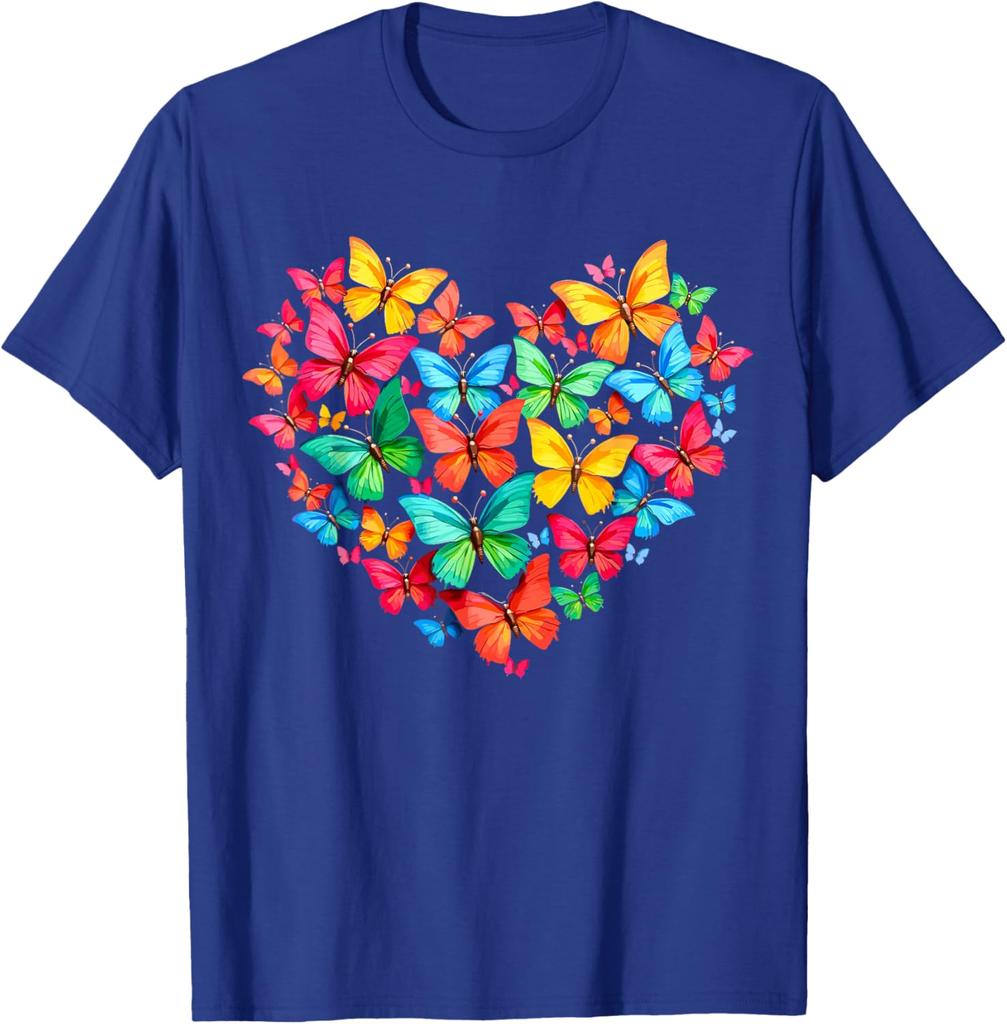 Colorful Butterfly Heart Graphic Print Casual Short Sleeve Cotton Crewneck T-Shirt for Men