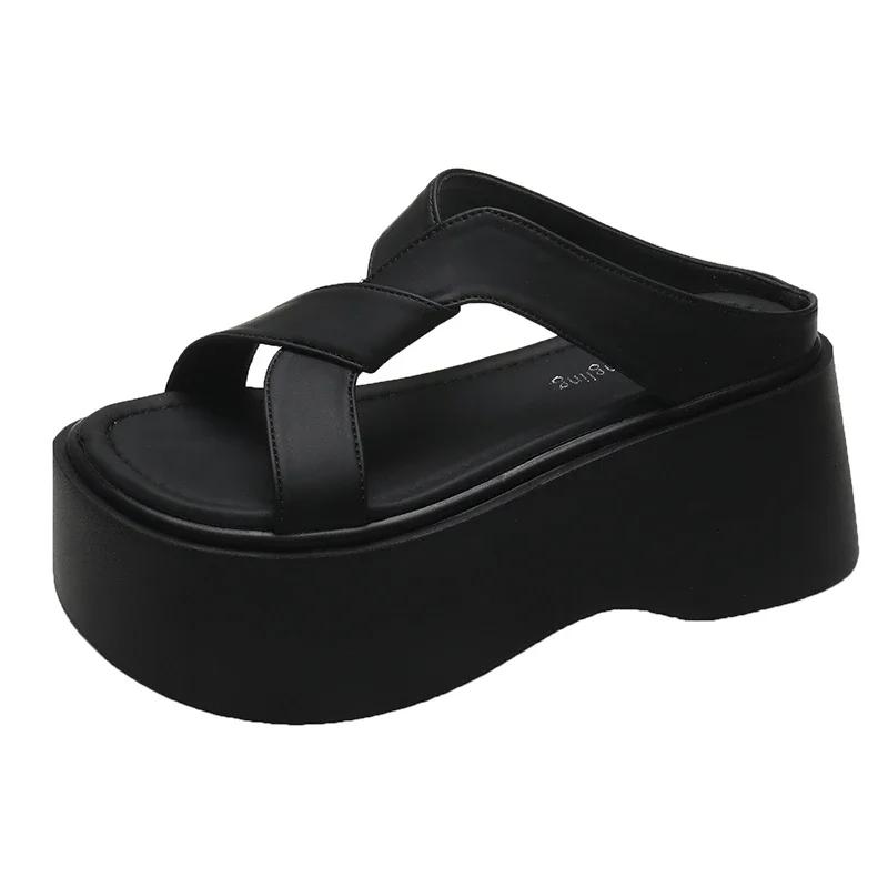 Модные летние женские тапочки, пляжные шлепанцы, женские туфли из толстой кожи, босоножки на танкетке, женские тапочки на высокой платформе 8 см