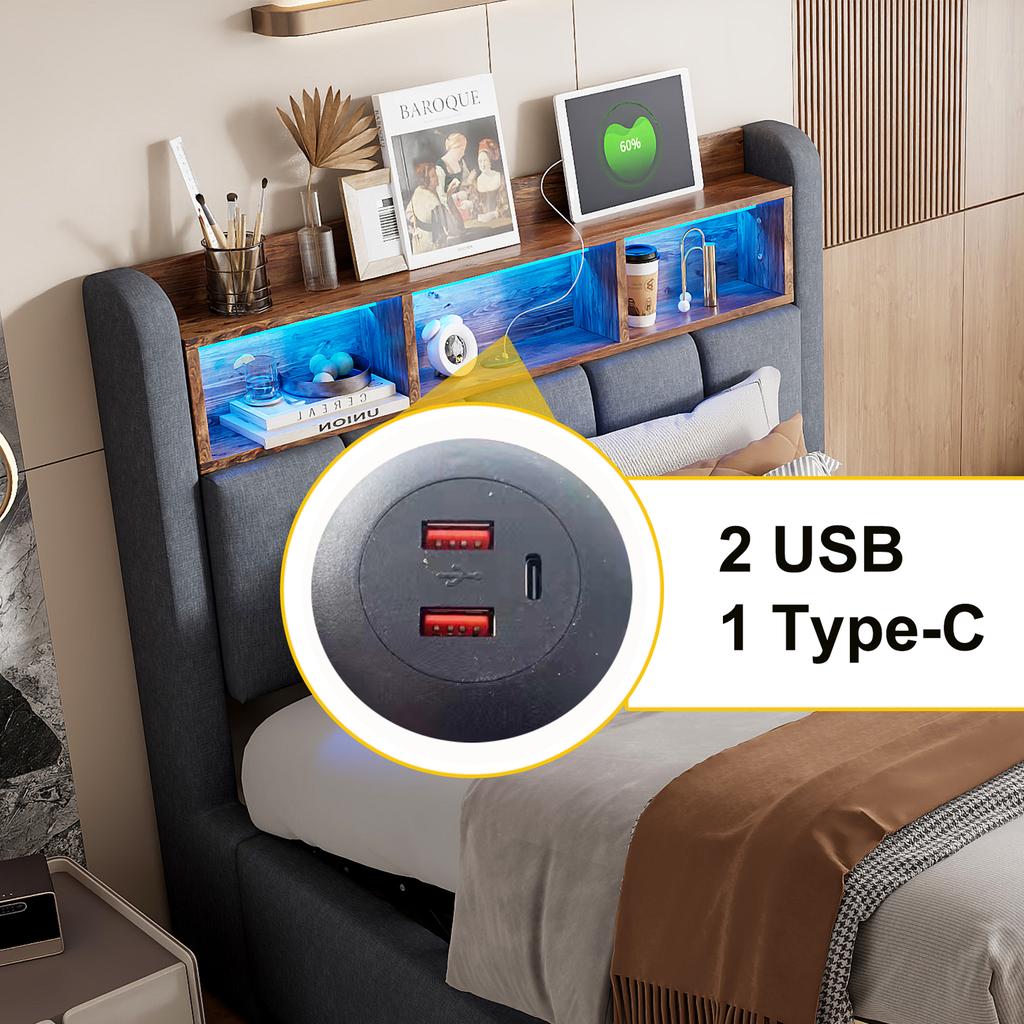 Мягкая кровать 90*200 см со светодиодной подсветкой и USB-портом, изголовье с полками, с гидравлическим подъемным механизмом для хранения, односпальная детская кровать, льняной серый