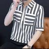 New Summer Men's Short-sleeved Shirt Hairstylist Striped Semi-zipper Youth Trendy Handsome Five-point Shirt