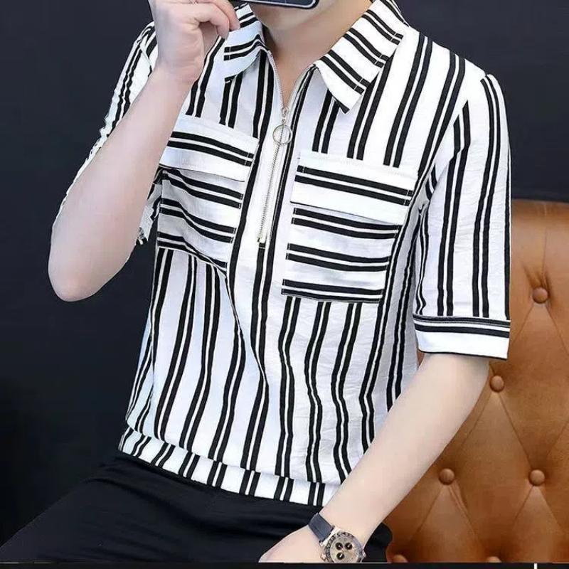 New Summer Men's Short-sleeved Shirt Hairstylist Striped Semi-zipper Youth Trendy Handsome Five-point Shirt
