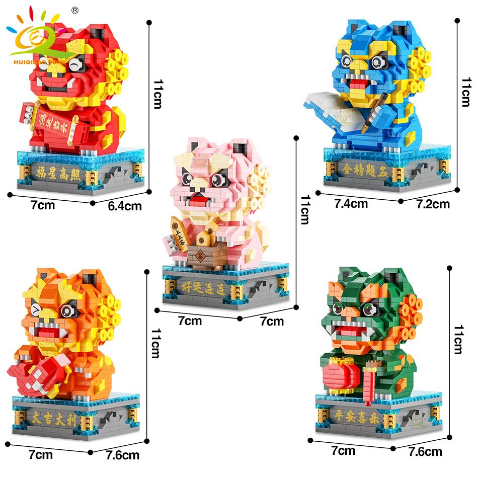 Китайский стиль Lucky Dancing Lion Diamond Micro Building Blocks Украшение стола Кирпичи Детские собранные игрушки для детей