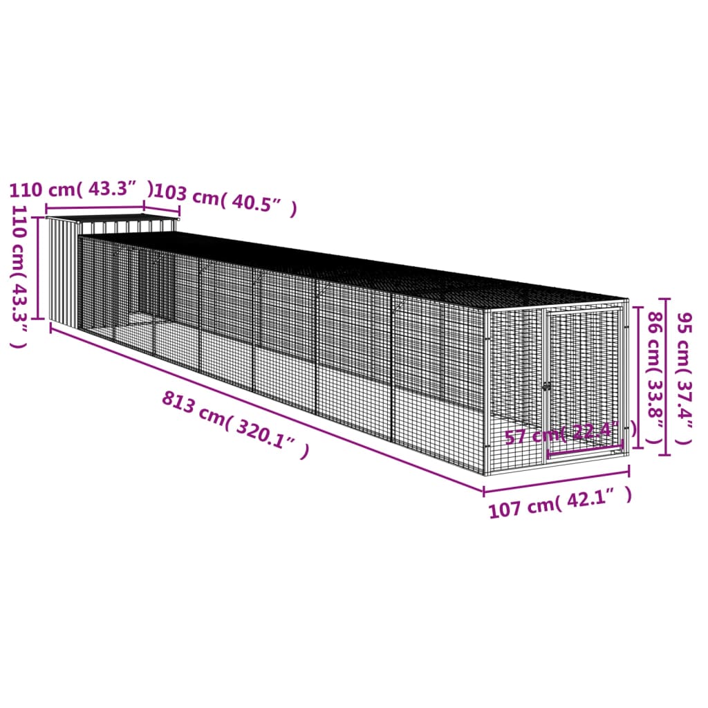 Chicken Coop with Run Light Grey 110 x 813 x 110 cm Galvanized Steel