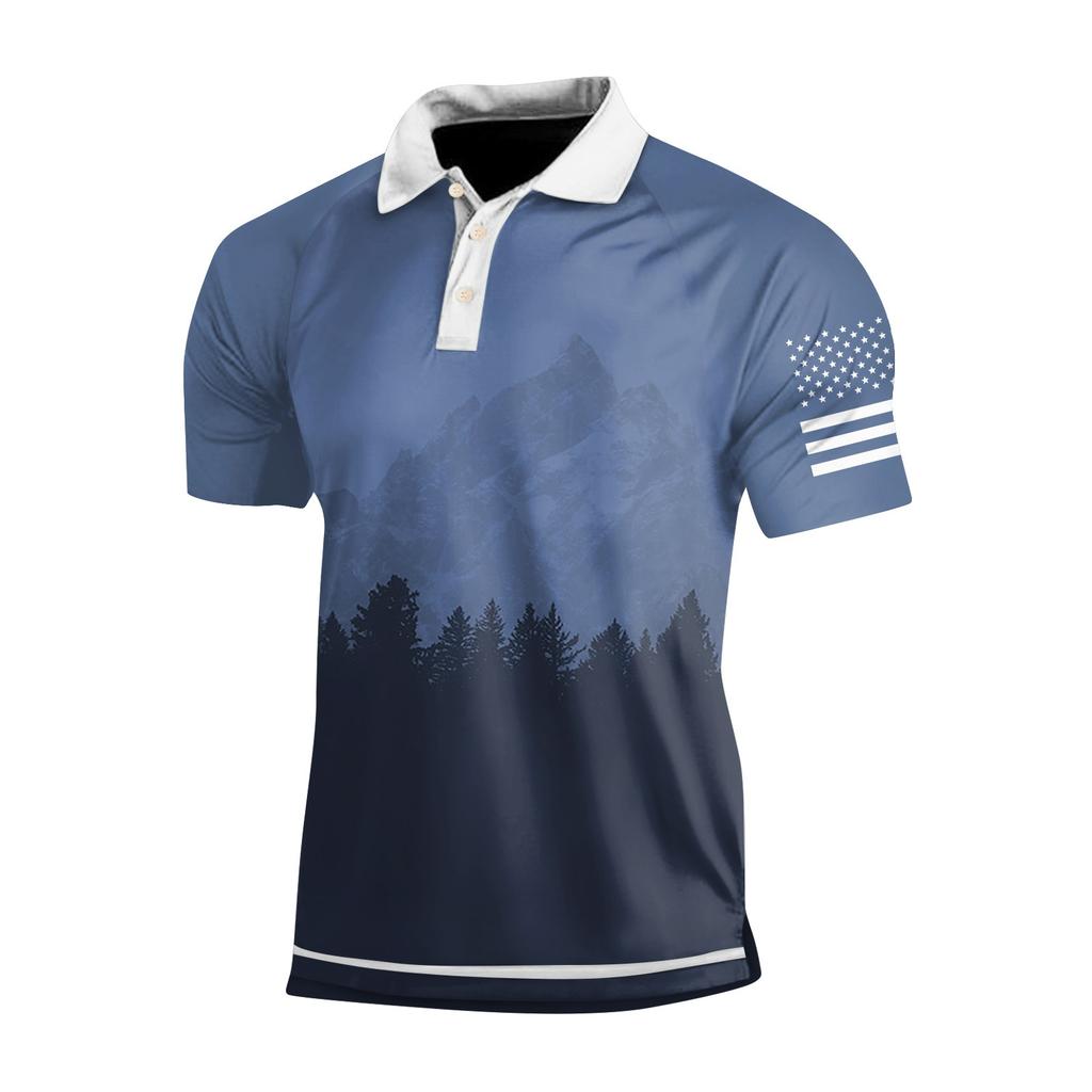 Men's Three Button Printed Lapel Short Sleeve Shirt Top