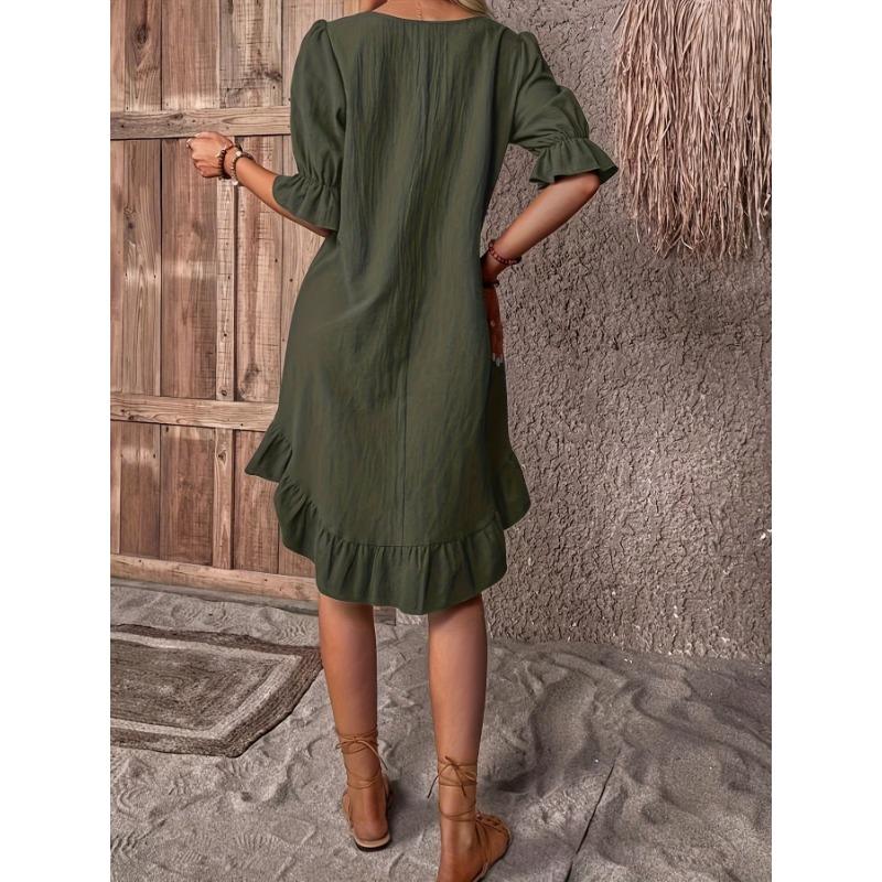 Solid Color Half Sleeve Dress, Casual Crew Neck Dress For Spring, Women's Clothing