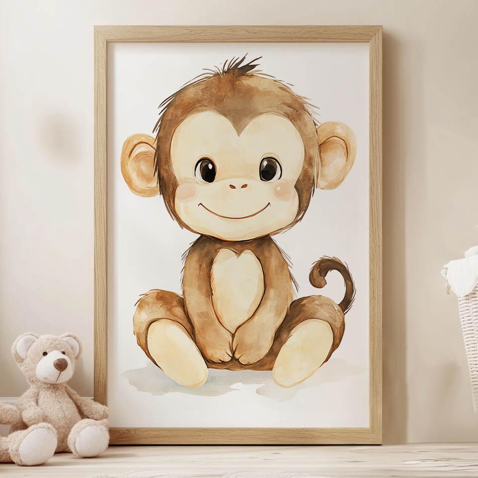 Plakat Uśmiechnięta Małpka Na Białym Tle Plakat Uśmiechnięta Małpka Na Białym Tle, 30X40 Cm, Rama Drewniana Ciemny Brąz, Papier Matowy 230 Gsm