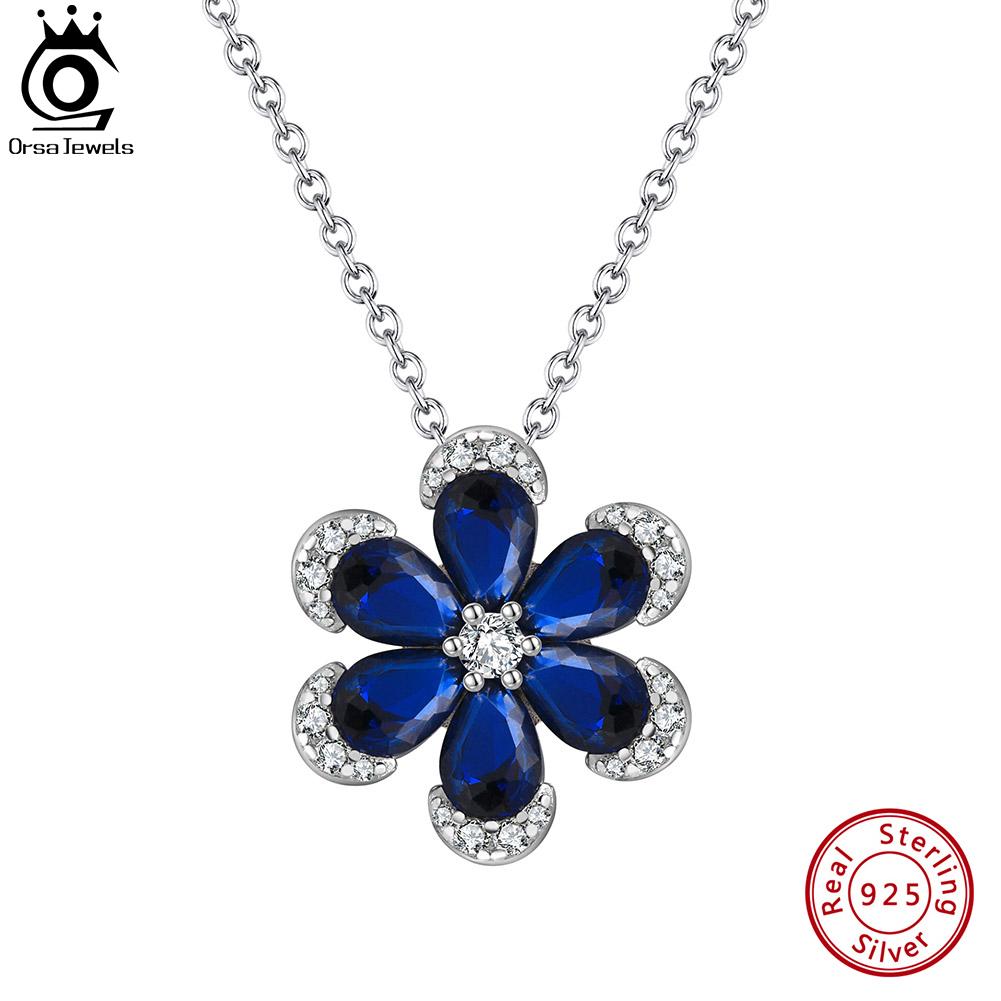 ORSA JEWELS Изящный кулон-цветок с созданным сапфиром, серебро 925 пробы, 5A CZ, ожерелье, помолвочное, свадебное украшение для женщин LZN17