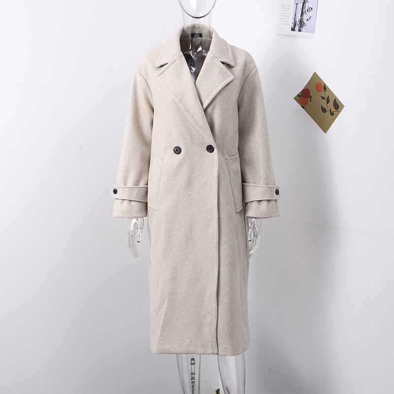 Женская мода шерстяная смесь теплое длинное пальто осень-зима свободный карман двубортный пиджак элегантное пальто с лацканами